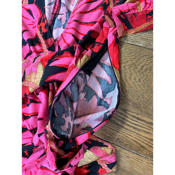 J. Crew Palm Print Faux Wrap Midi Dress Pink Red Black Sz 8 - Picture 5 of 11